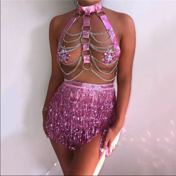 😻Halter Color Body Harness Chain Holographic Belt - Picture 9 of 11